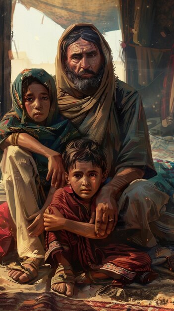 pintura de um homem e duas crianças sentadas em um tapete generativo ai