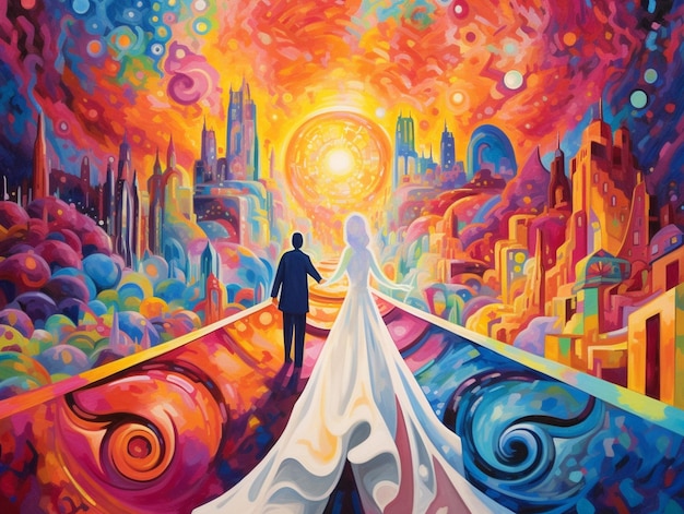 Pintura de um homem e uma mulher caminhando em uma ponte em uma cidade generativa ai