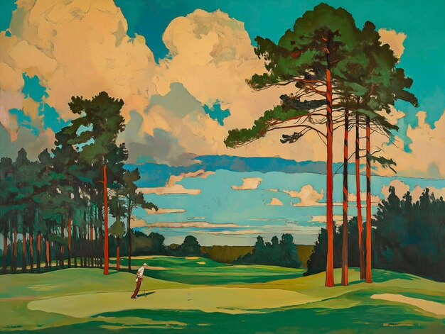 Pintura de um homem jogando golfe em um campo com árvores