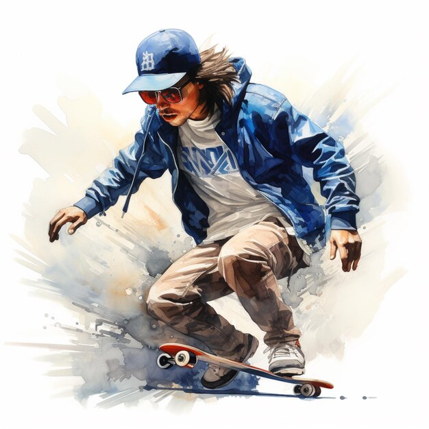 pintura de um homem montando um skate em uma superfície branca generativa ai