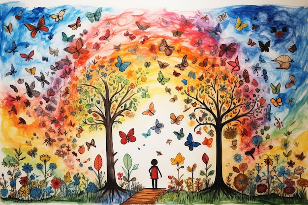 Pintura de um homem parado em um campo com borboletas voando ao redor da geração de ai