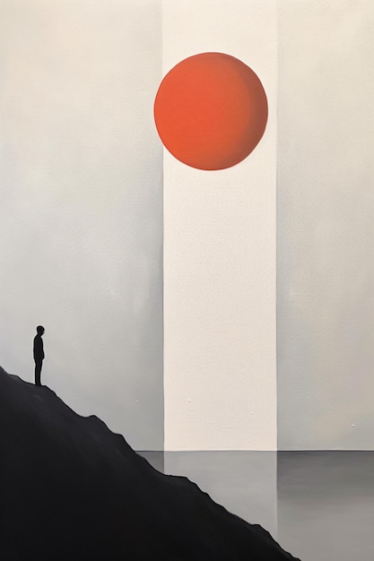 Pintura de um homem parado em uma colina com um sol vermelho ao fundo generativo ai