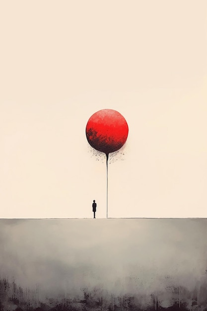 Pintura de um homem parado na frente de um balão vermelho generativo ai