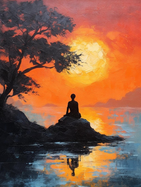 Pintura de um homem sentado em uma rocha na frente de um pôr-do-sol generativo ai