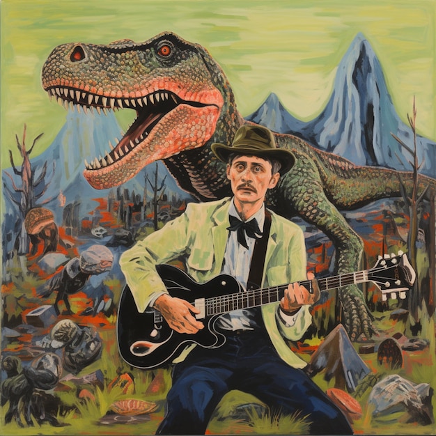 pintura de um homem tocando guitarra na frente de um dinossauro generativo ai