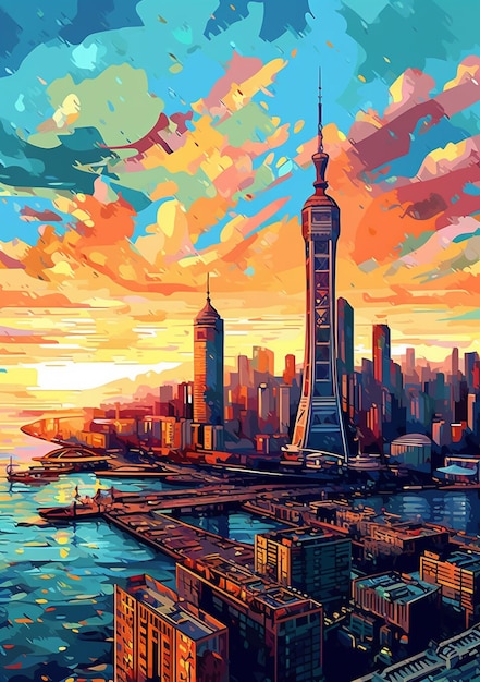 Pintura de um horizonte da cidade com um rio e um barco na água generativa ai