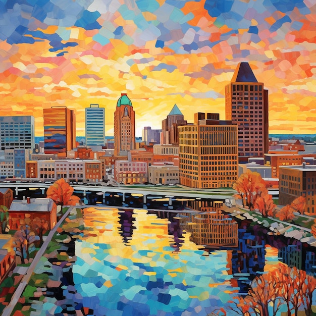 pintura de um horizonte da cidade com um rio e uma ponte generativa ai