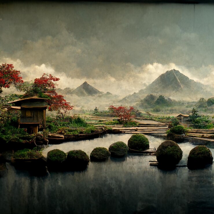 Foto pintura de um jardim japonês com um lago e um pagode generativo ai