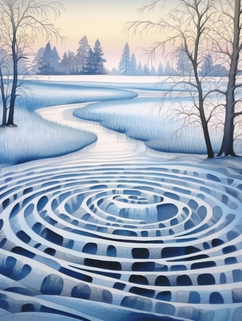 pintura de um labirinto circular no meio de uma paisagem nevada generativa ai