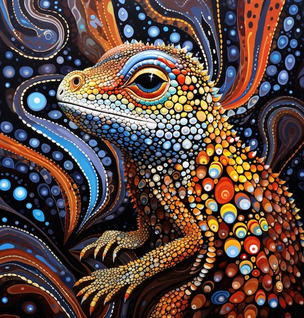 pintura de um lagarto com um padrão colorido em seu corpo generativo ai