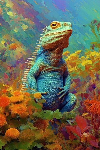 Pintura de um lagarto sentado em uma planta florida com um corpo azul generativo ai