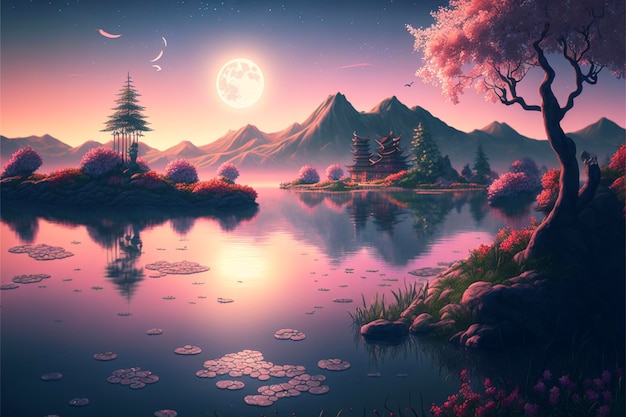 Pintura de um lago à noite com lua cheia no céu generativo ai