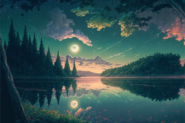 Pintura de um lago à noite com lua cheia no céu generativo ai