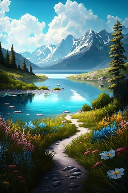 Pintura de um lago com montanhas ao fundo generative ai