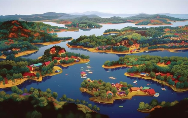 pintura de um lago com um monte de barcos nele generativo ai.