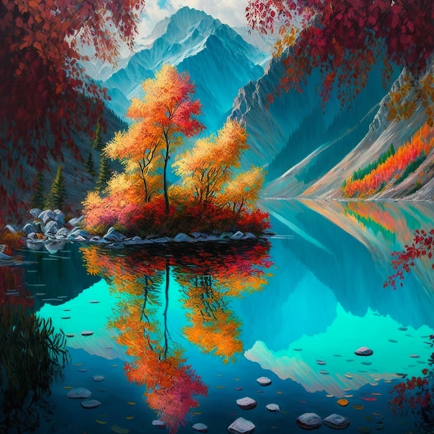 pintura de um lago de montanha com uma árvore colorida e pedras generativas ai