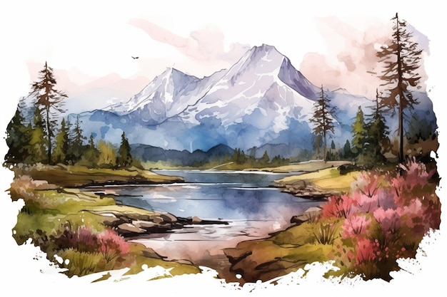 pintura de um lago de montanha com uma montanha ao fundo generativ ai