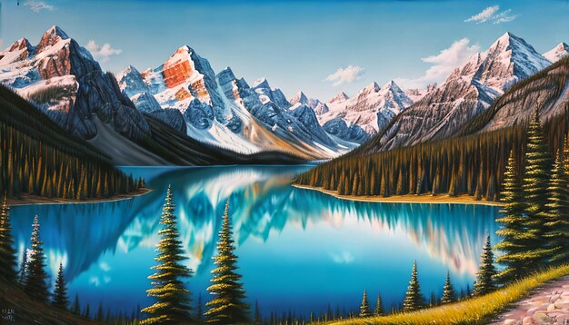 pintura de um lago de montanha com uma montanha ao fundo