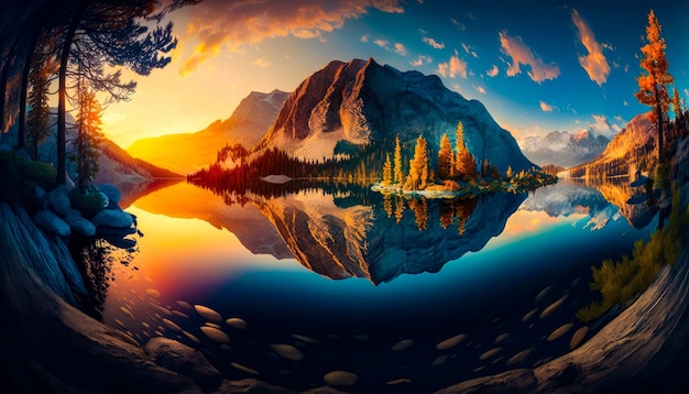 Foto pintura de um lago de montanha no pôr-do-sol ia geradora