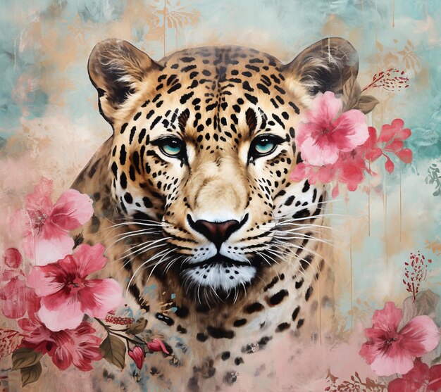 Foto pintura de um leopardo com flores em um fundo azul generativo ai