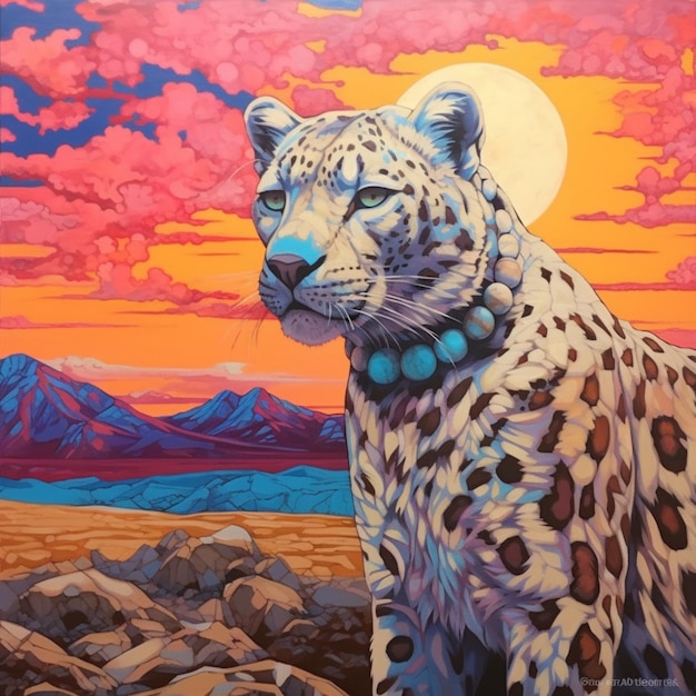 Pintura de um leopardo em um deserto com um pôr do sol ao fundo generative ai
