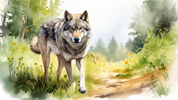 pintura de um lobo caminhando em um caminho em uma floresta generativo ai