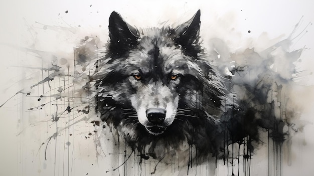 Pintura de um lobo com olhos laranja e manchas pretas nele generative ai
