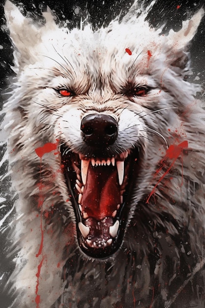 pintura de um lobo com sangue respingado no rosto ai generativa