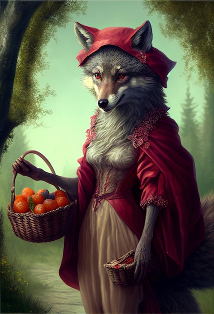 Pintura de um lobo com uma cesta de laranjas generativa ai