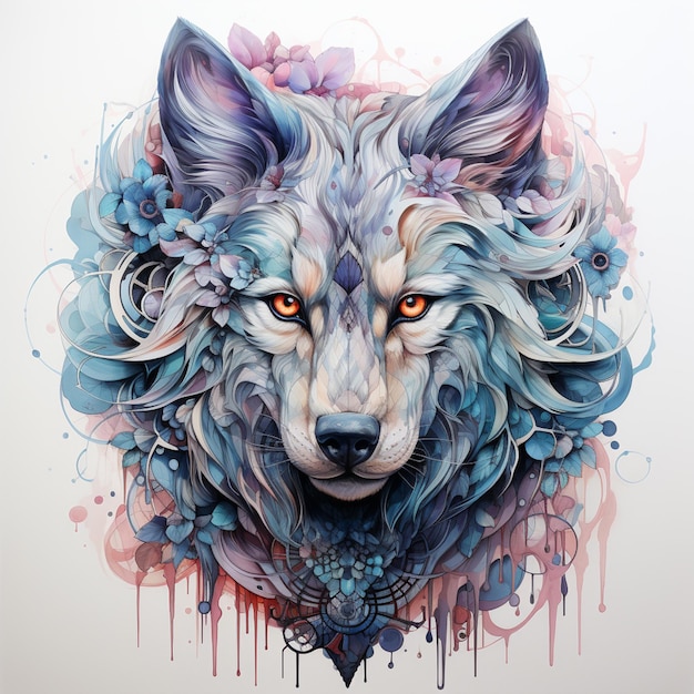 pintura de um lobo com uma coroa de flores na cabeça generativa ai