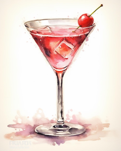 pintura de um martini com uma cereja na borda generativa ai