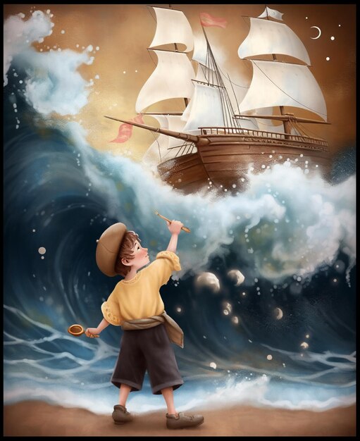 Foto pintura de um menino com um chapéu e calções de pé na frente de um navio generativo ai