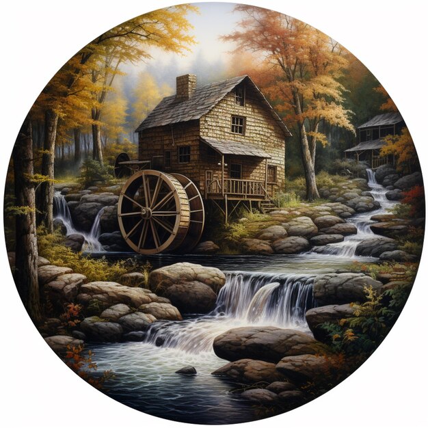 pintura de um moinho de água com uma cachoeira e uma cabine geradora ai