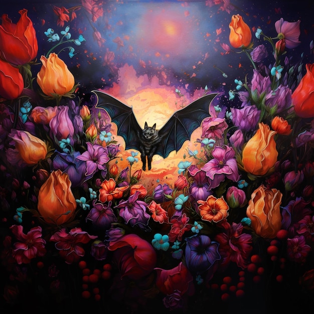 pintura de um morcego em um campo de flores com uma lua cheia no fundo generativo ai