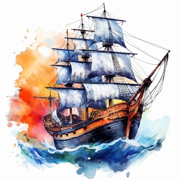 Pintura de um navio a vela com velas no oceano