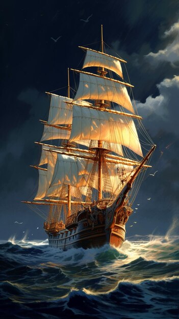pintura de um navio a vela no oceano à noite generativo ai