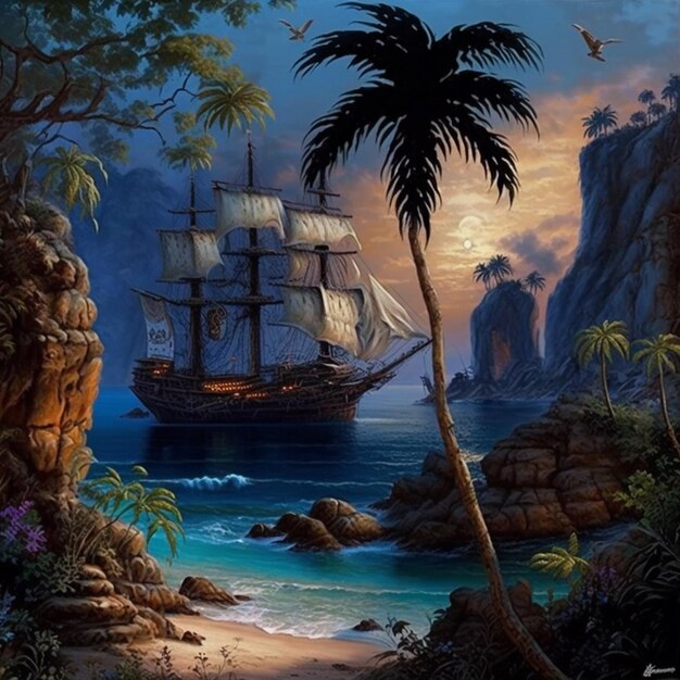 pintura de um navio em uma enseada tropical com uma palmeira generativa ai