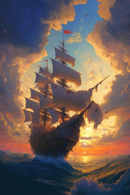 Pintura de um navio no meio do oceano generativo ai