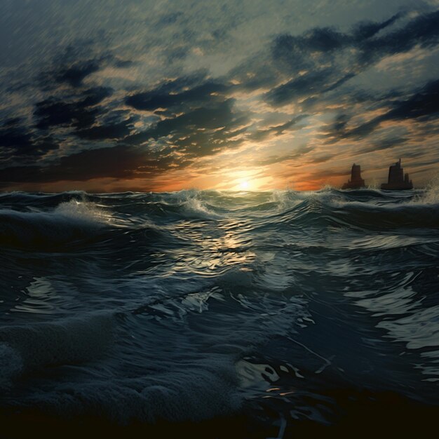 pintura de um navio no oceano ao pôr-do-sol com um céu nublado generativo ai