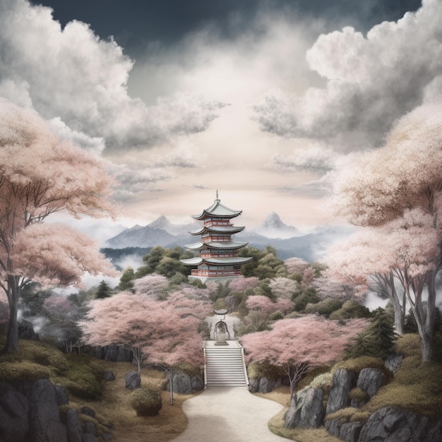 Pintura de um pagode em uma paisagem japonesa com árvores cor-de-rosa