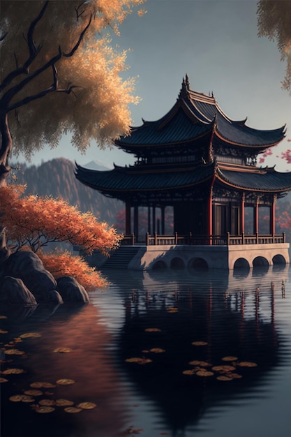 Pintura de um pagode no meio de um lago generativo ai