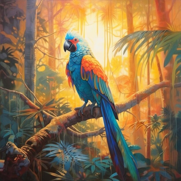 pintura de um papagaio colorido empoleirado em um galho em uma floresta tropical generativa ai