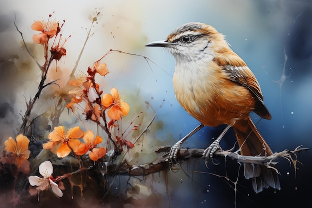 pintura de um pássaro sentado em um galho com flores laranja generativa ai