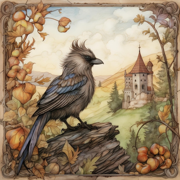 Pintura de um pássaro sentado em um tronco de árvore na frente de um castelo AI Generative