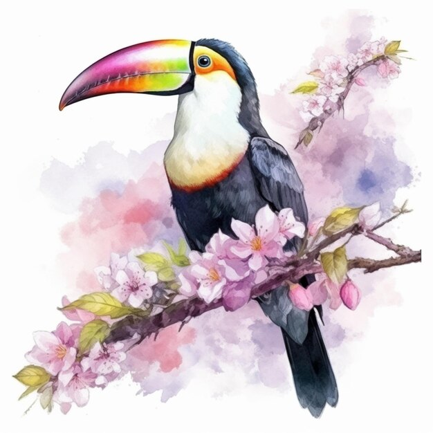 pintura de um pássaro tucano sentado em um galho com flores generativas ai