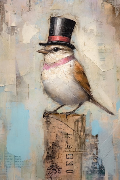 pintura de um pássaro usando uma cartola e uma cartola generativa ai