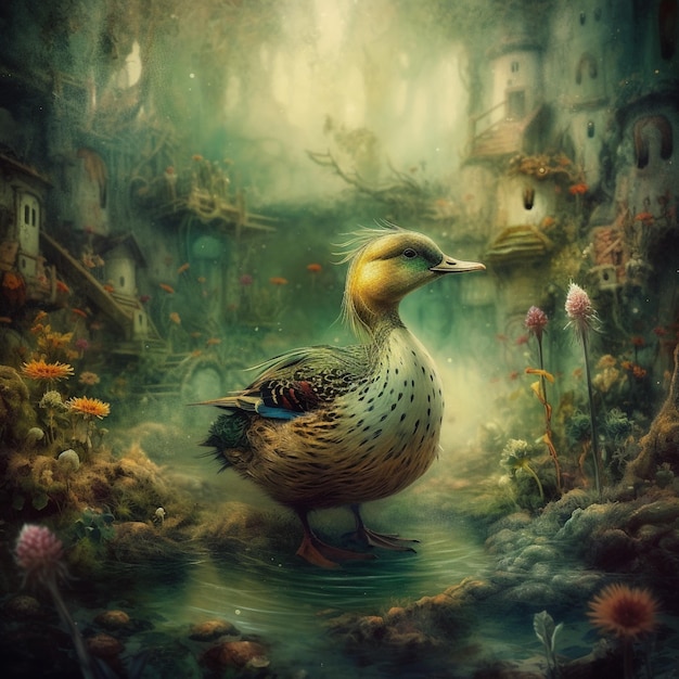 pintura de um pato em um lago com uma casa de passarinho ao fundo IA generativa