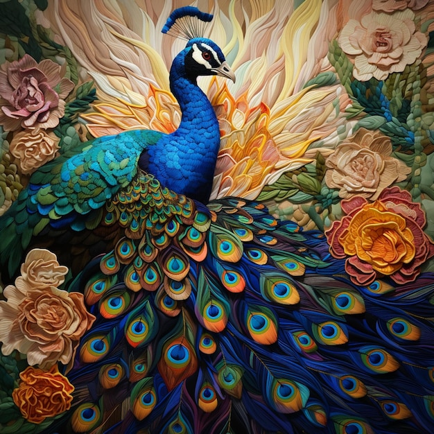 pintura de um pavão com penas coloridas e flores no fundo generativo ai