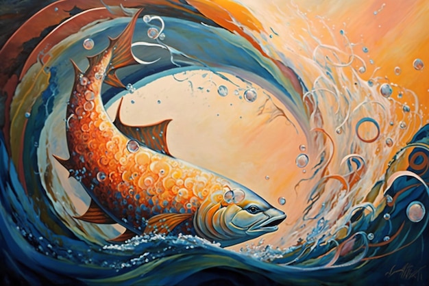 Pintura de um peixe no oceano com água generativa ai