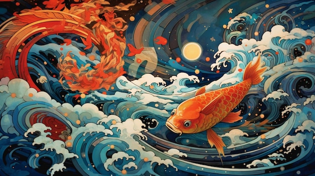 pintura de um peixe no oceano com uma onda e um sol gerador ai